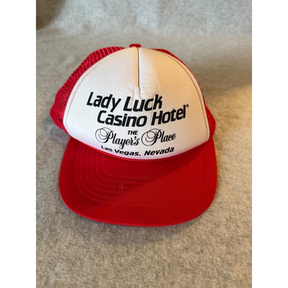 Vintage Lady Luck Casino Hotel Las Vegas Trucker Hat Snapback Red White Mesh Cap